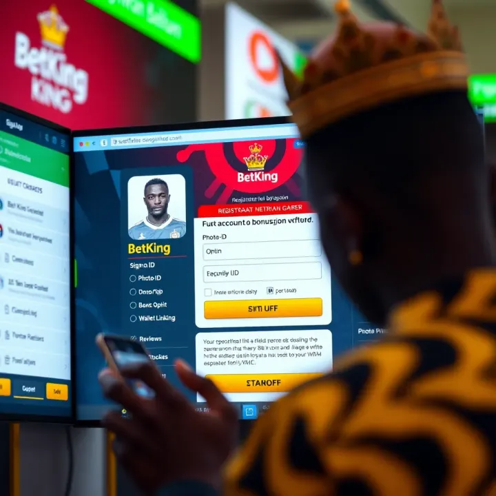 User interface displaying BetKing login screen on a mobile device with options for username and password input